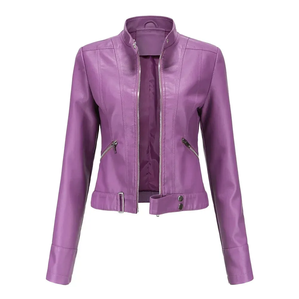 Women's Short Faux Leather Motorcycle Jacket with Belt