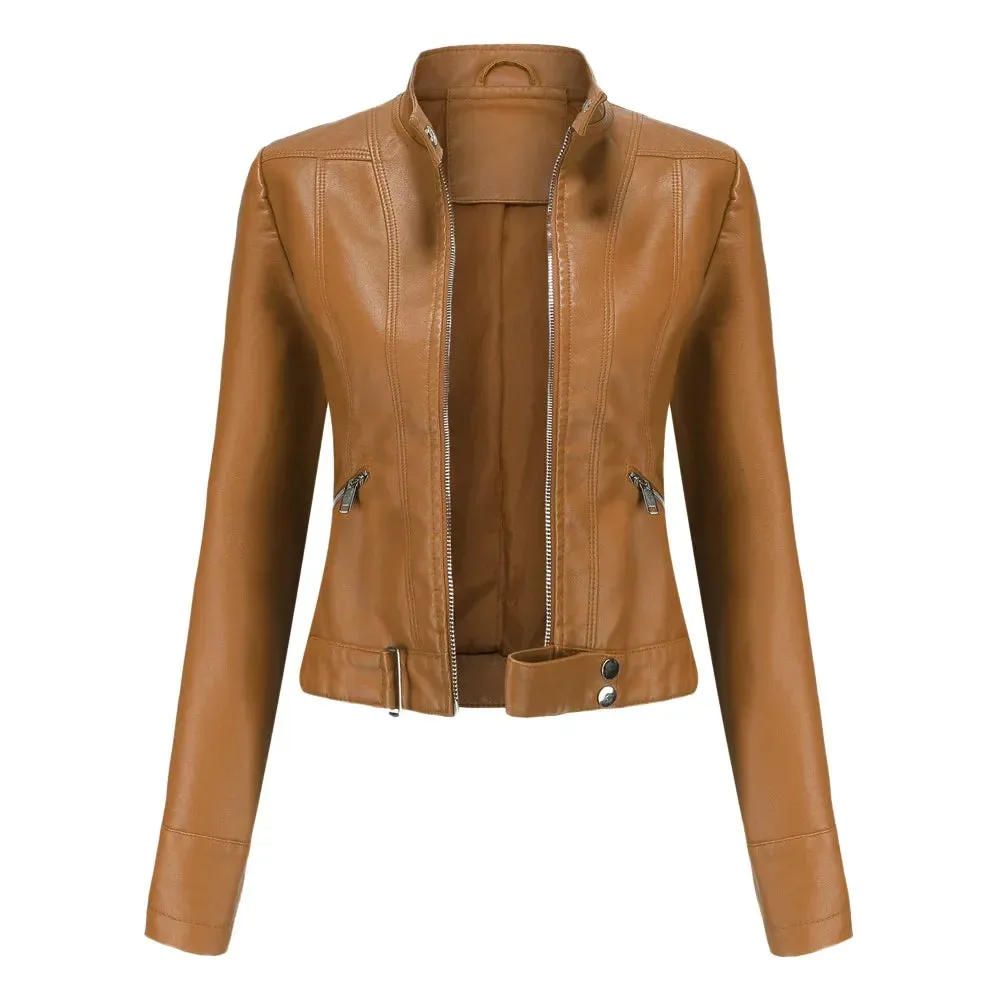 Women's Short Faux Leather Motorcycle Jacket with Belt