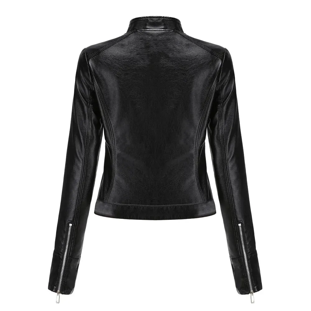 Women's Short Faux Leather Motorcycle Jacket with Belt