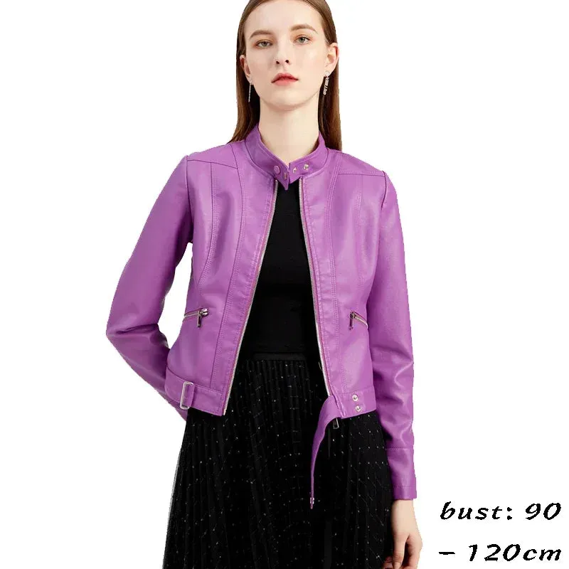 Women's Short Faux Leather Motorcycle Jacket with Belt