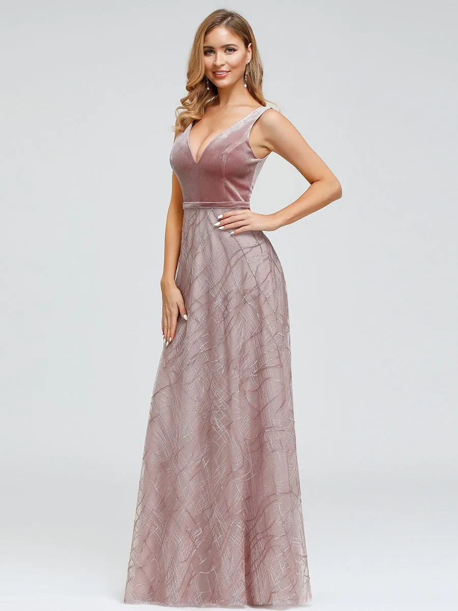 Women's Velvet Evening Gown Dresses With Embroidered Lace