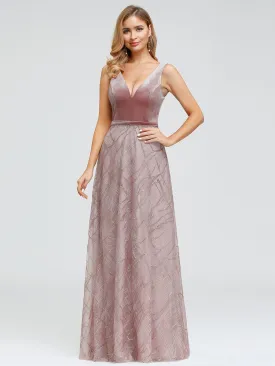 Women's Velvet Evening Gown Dresses With Embroidered Lace