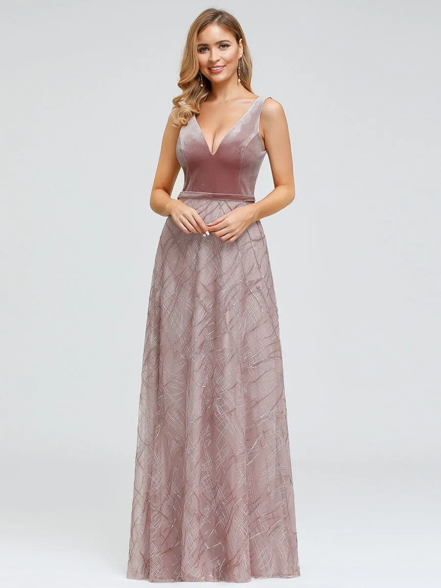 Women's Velvet Evening Gown Dresses With Embroidered Lace