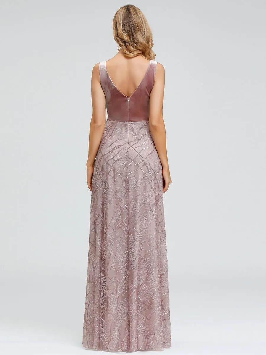 Women's Velvet Evening Gown Dresses With Embroidered Lace