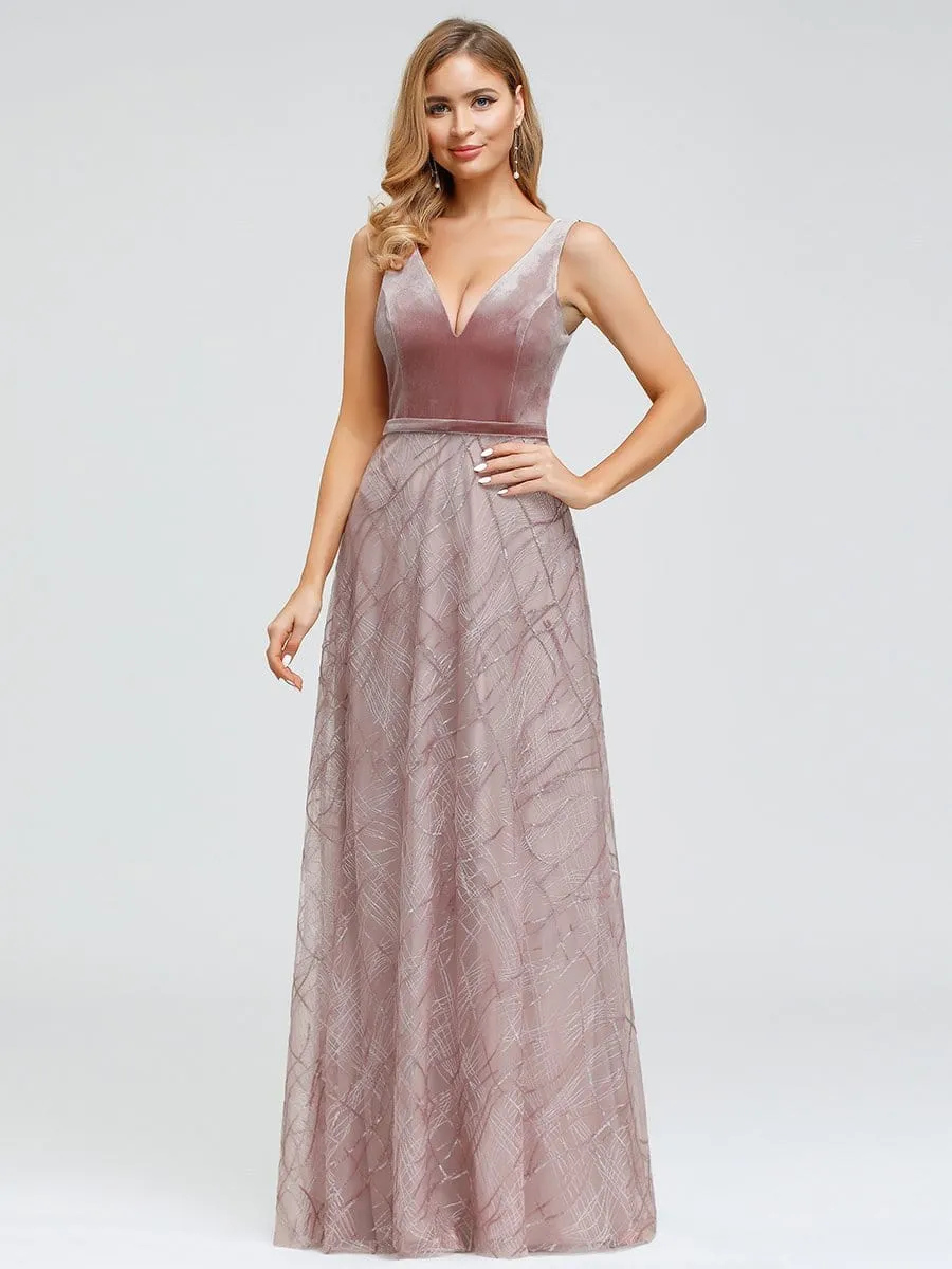 Women's Velvet Evening Gown Dresses With Embroidered Lace