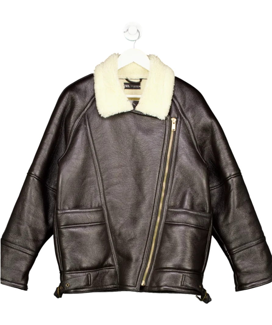 ZARA Brown Faux Leather Jacket With Sherling Look Lining UK S